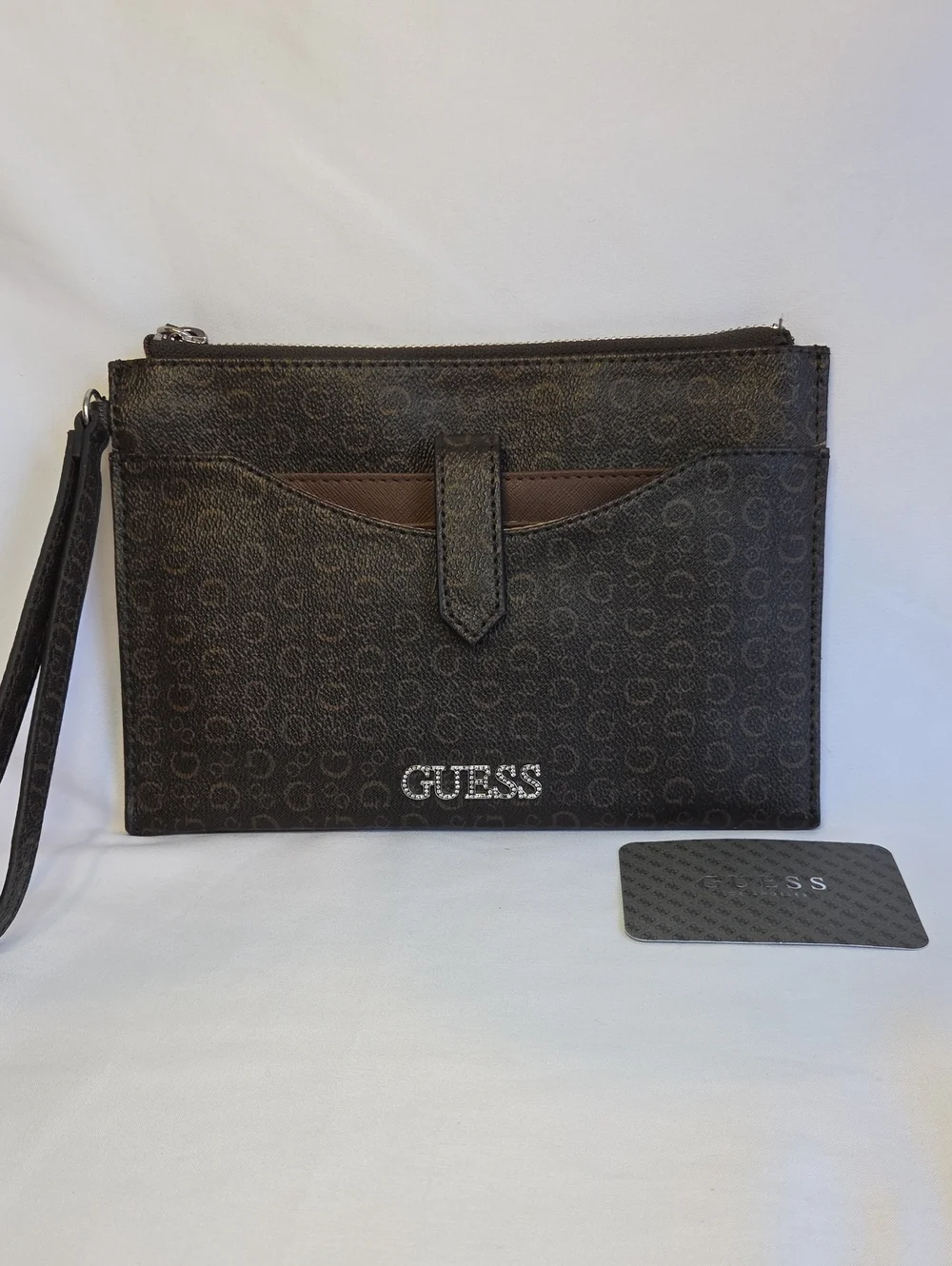 Guess Brown Logo Wristlet Clutch with Front Pocket And Card Holder